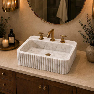 Carrara White Marble Sink – Custom Fluted Rectangular Vessel Basin