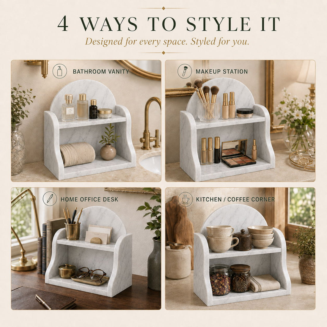 Carrara White organizer styled in a room