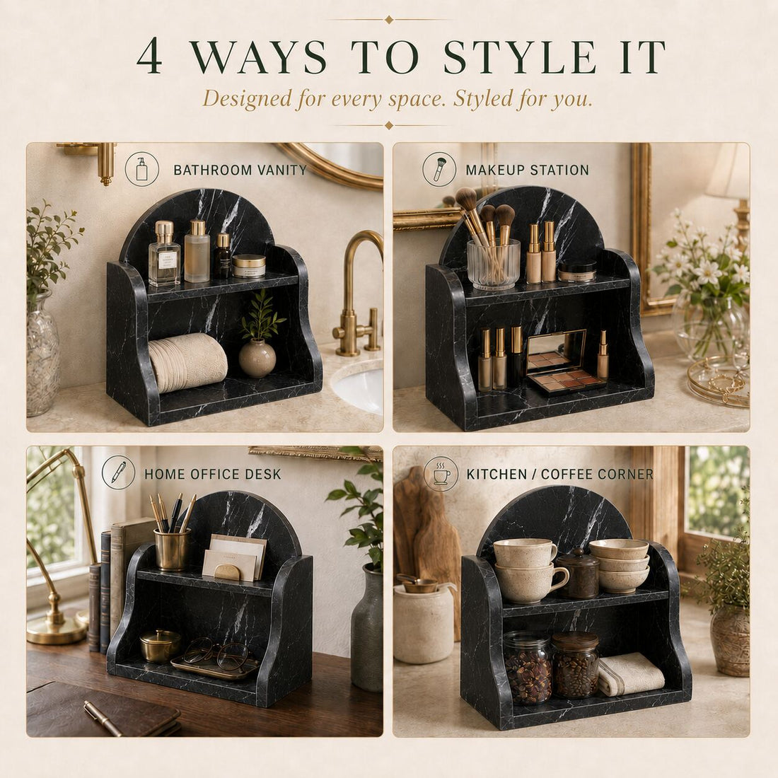 Nero Marquina organizer styled in a room