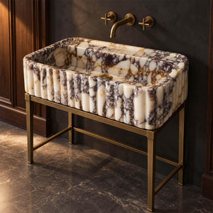Calacatta Viola Marble Sink, Hand Carved Rounded Fluted Floating Washbasin