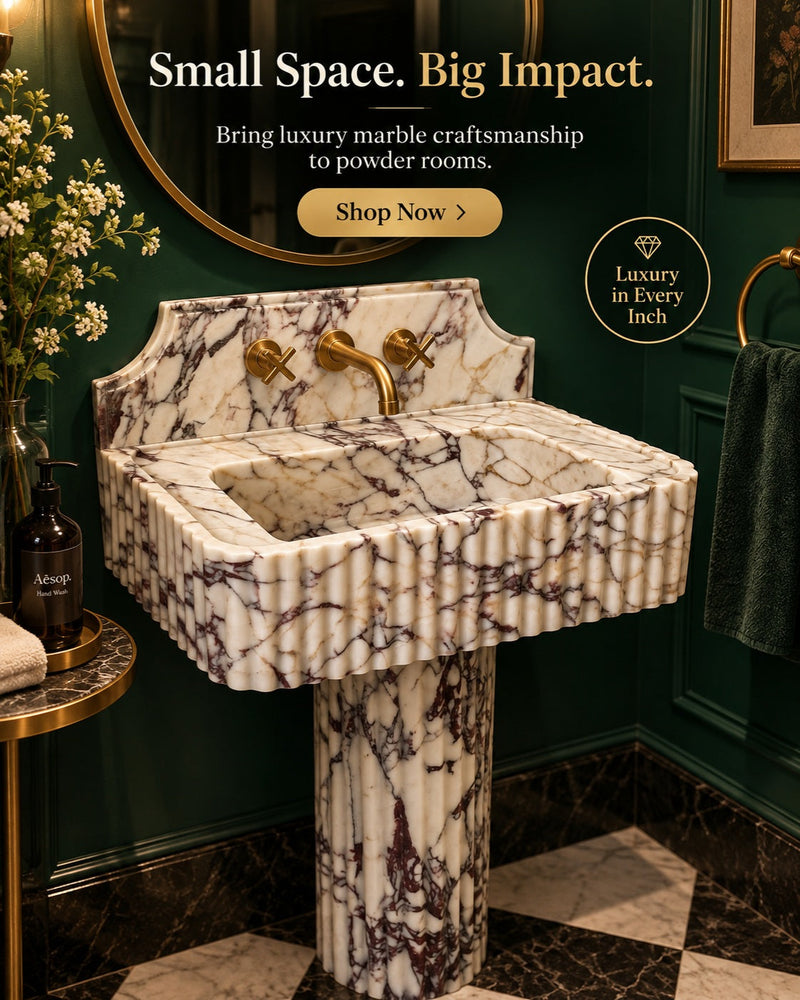 Hand-carved Calacatta Viola marble fluted vessel sink with integrated backsplash and pedestal