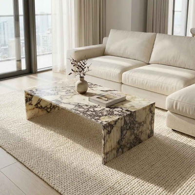 Calacatta Viola Sculptural Marble Coffee Table – Fluted Pedestal