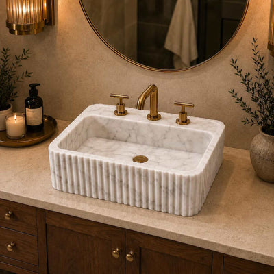 Carrara White Marble Sink – Custom Fluted Rectangular Vessel Basin
