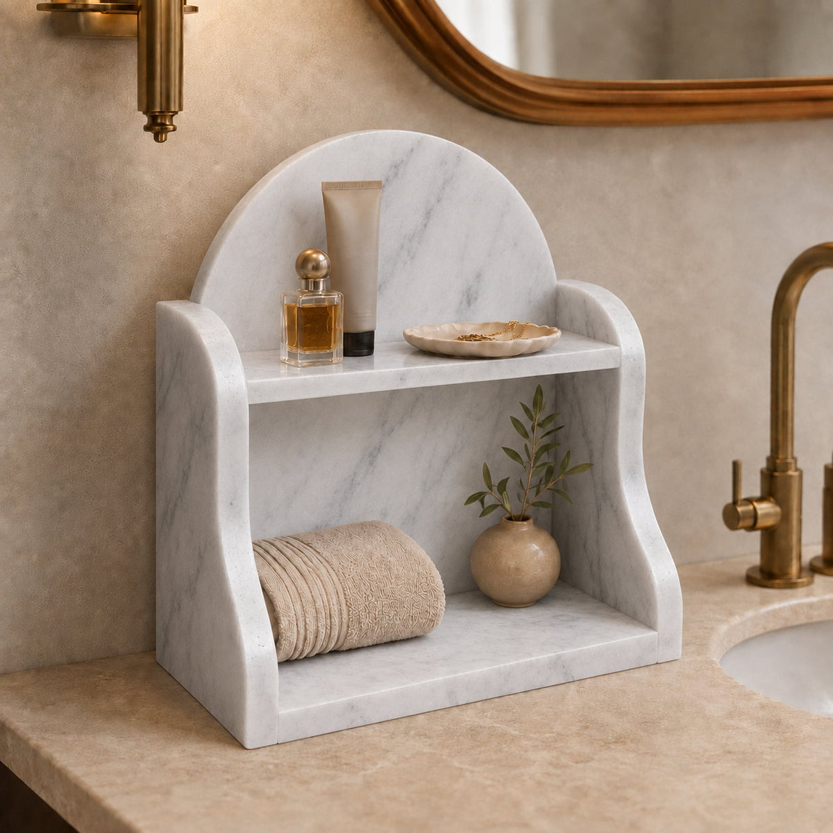 Carrara white marble organizer luxury bathroom vanity storage shelf