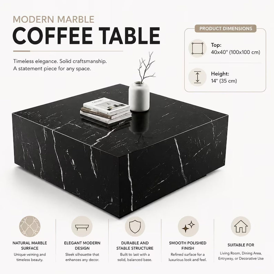A modern black marble coffee table with white veining, shown on a light gray background with product dimensions and feature callouts. The table is styled with a small white vase and books on top.
