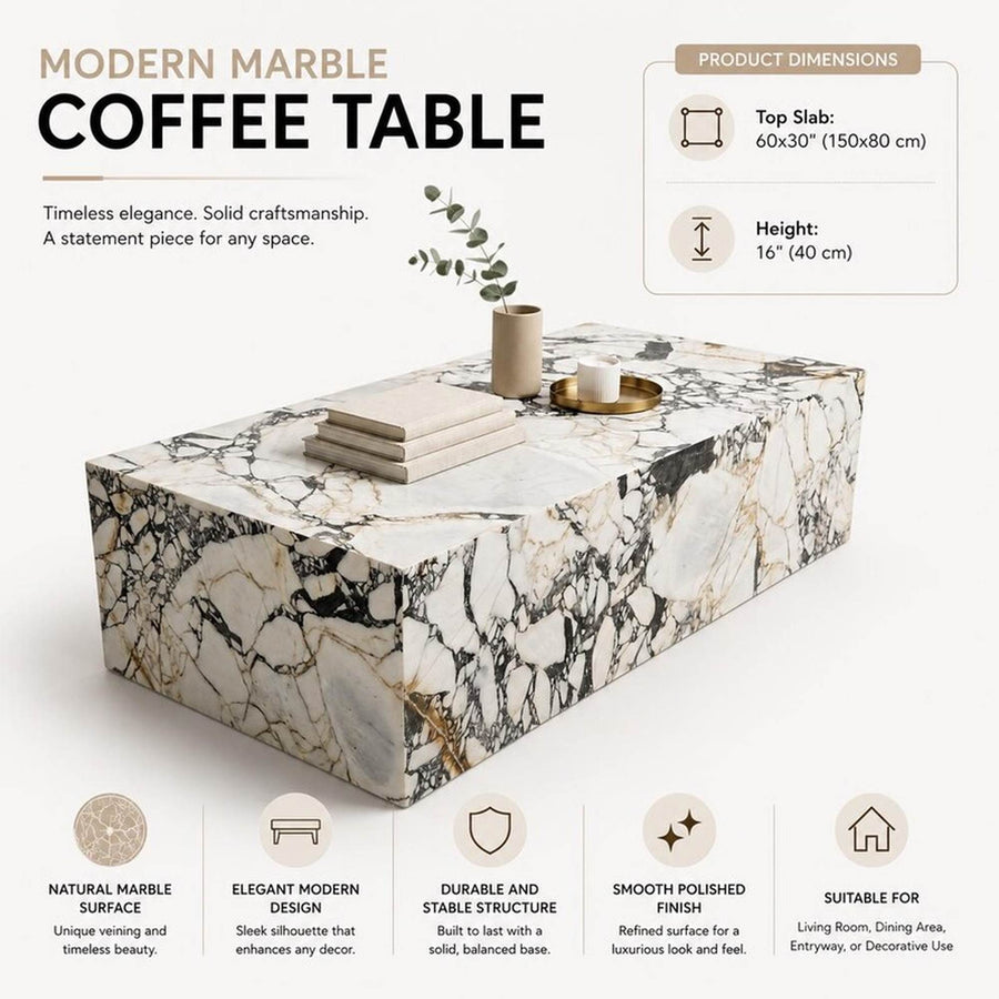 A modern marble coffee table with a white and black veined pattern, shown on a clean white background with product dimensions and feature callouts.