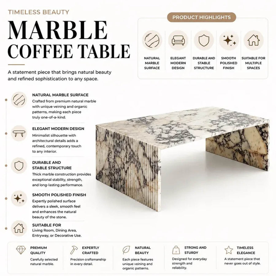 A marble coffee table shown on a beige background with feature callouts and text. The table has a natural white and gray marbled surface with subtle gray veining.