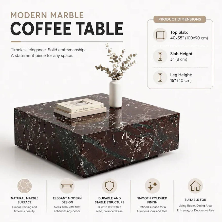 A modern square marble coffee table with a dark green and black veined pattern, shown on a clean white background with product dimensions and feature callouts.