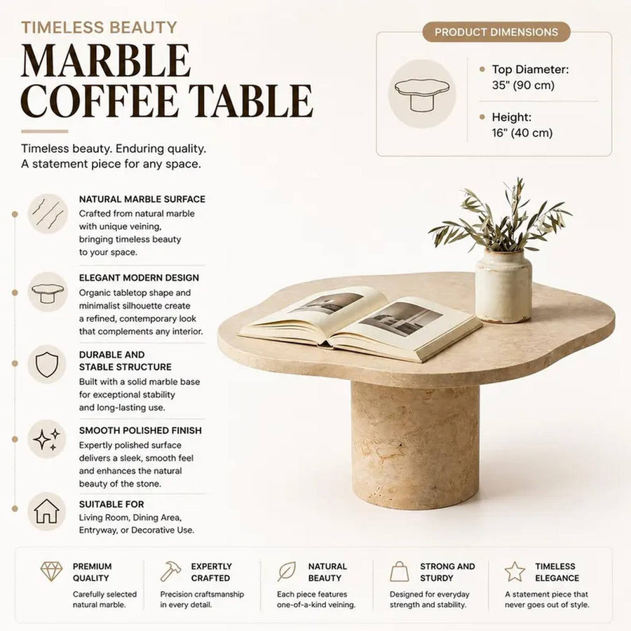 A marble coffee table with a tapered pedestal base, shown with overlaid product information text and icons on a white background.