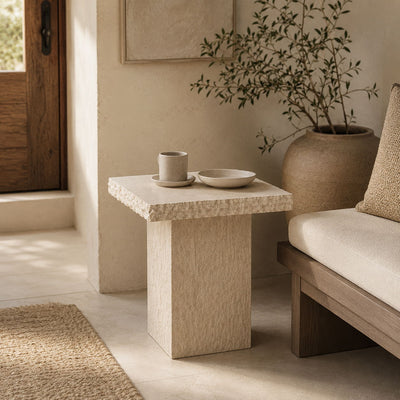 Handmade Travertine Side Table – Sculptural Stone Pedestal