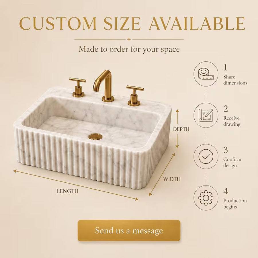 A custom rectangular white marble sink with gold faucet and handles, shown with dimension arrows labeled length, width, and depth on a beige background. Text at the top says 'CUSTOM SIZE AVAILABLE' and the right side lists steps for sharing dimensions, receiving the drawing, confirming design, and production beginning.