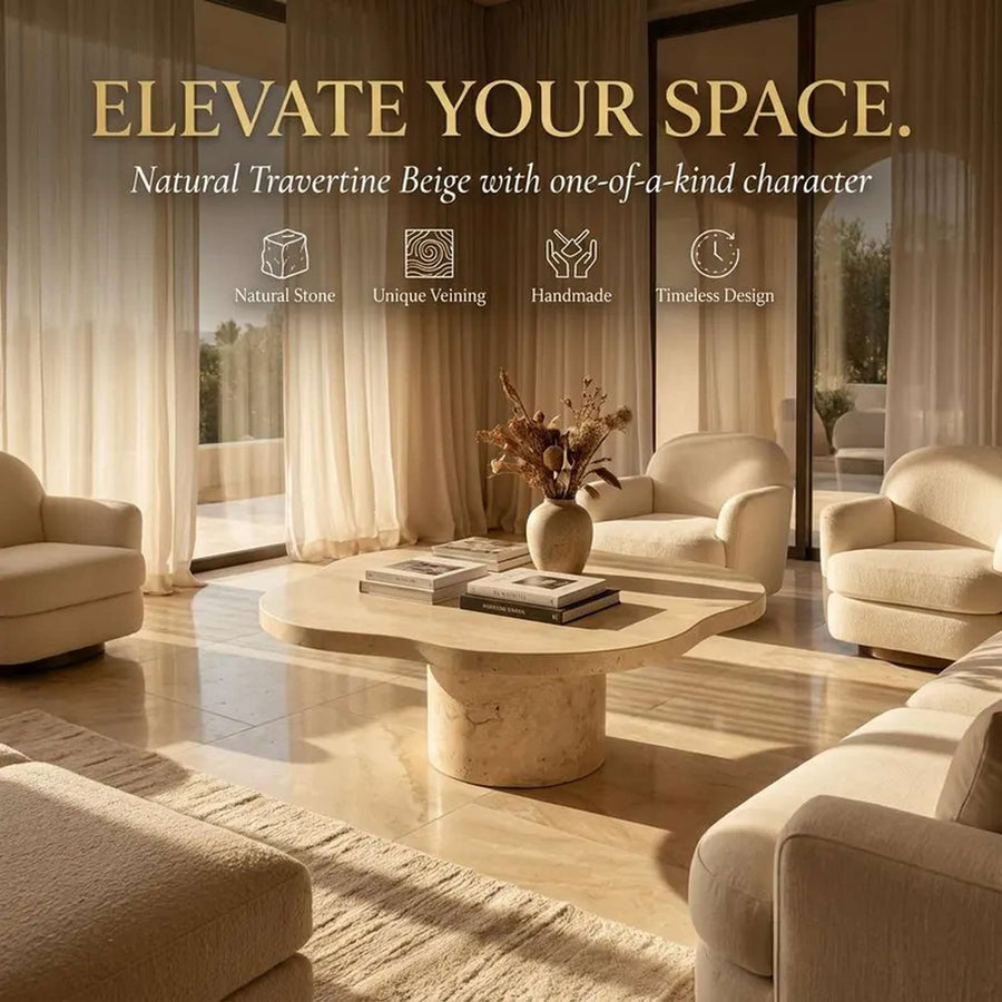A styled living room scene showing a natural travertine beige coffee table in the center, surrounded by cream-colored armchairs and sofas. Large text at the top reads 'ELEVATE YOUR SPACE.