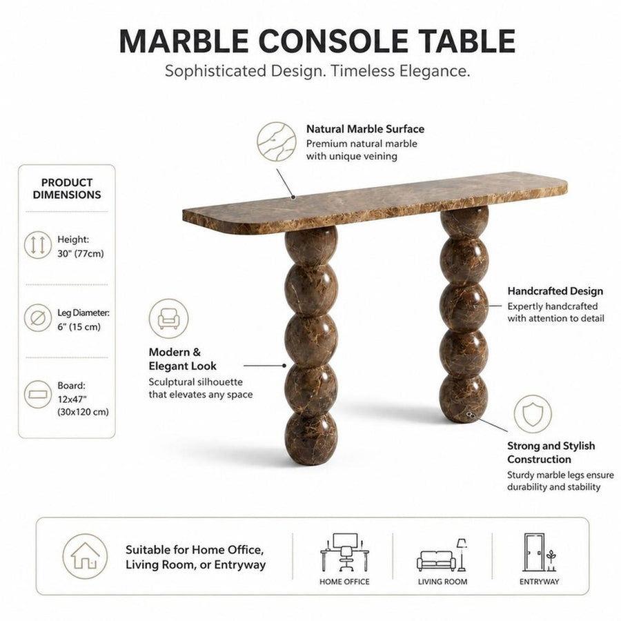 Marble console table infographic showing a brown marble table with sculptural ball legs, labeled with dimensions, features, and use cases on a white background.
