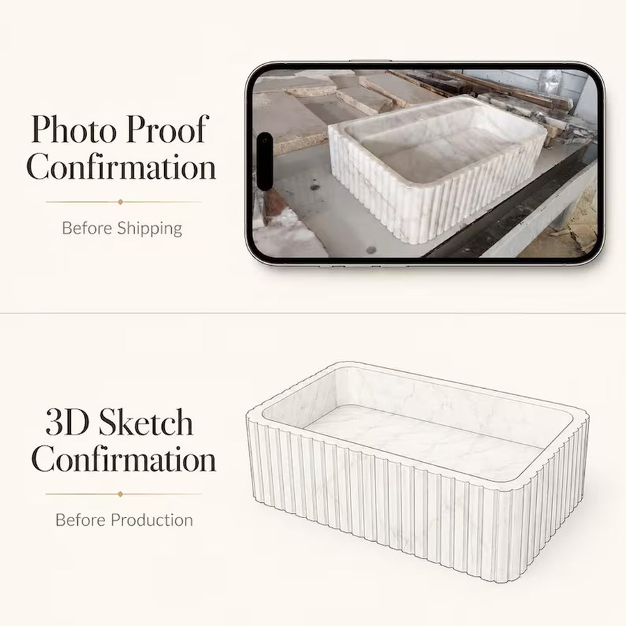 A two-panel graphic showing product confirmation steps for a rectangular ribbed tub or planter. The top panel reads 'Photo Proof Confirmation' and shows a phone screen with a photo of the tub.