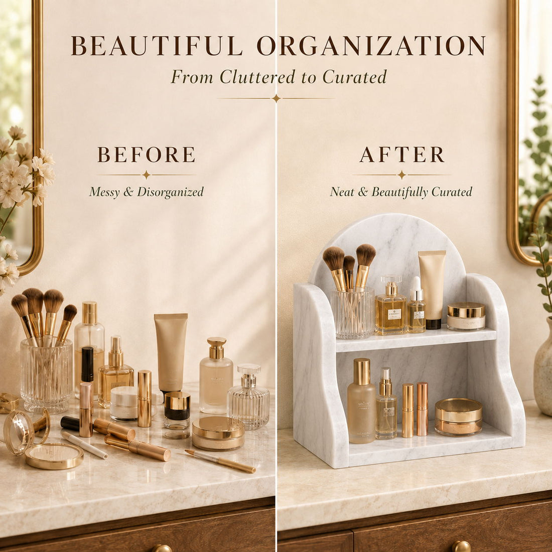 Counter before and after the Carrara White organizer