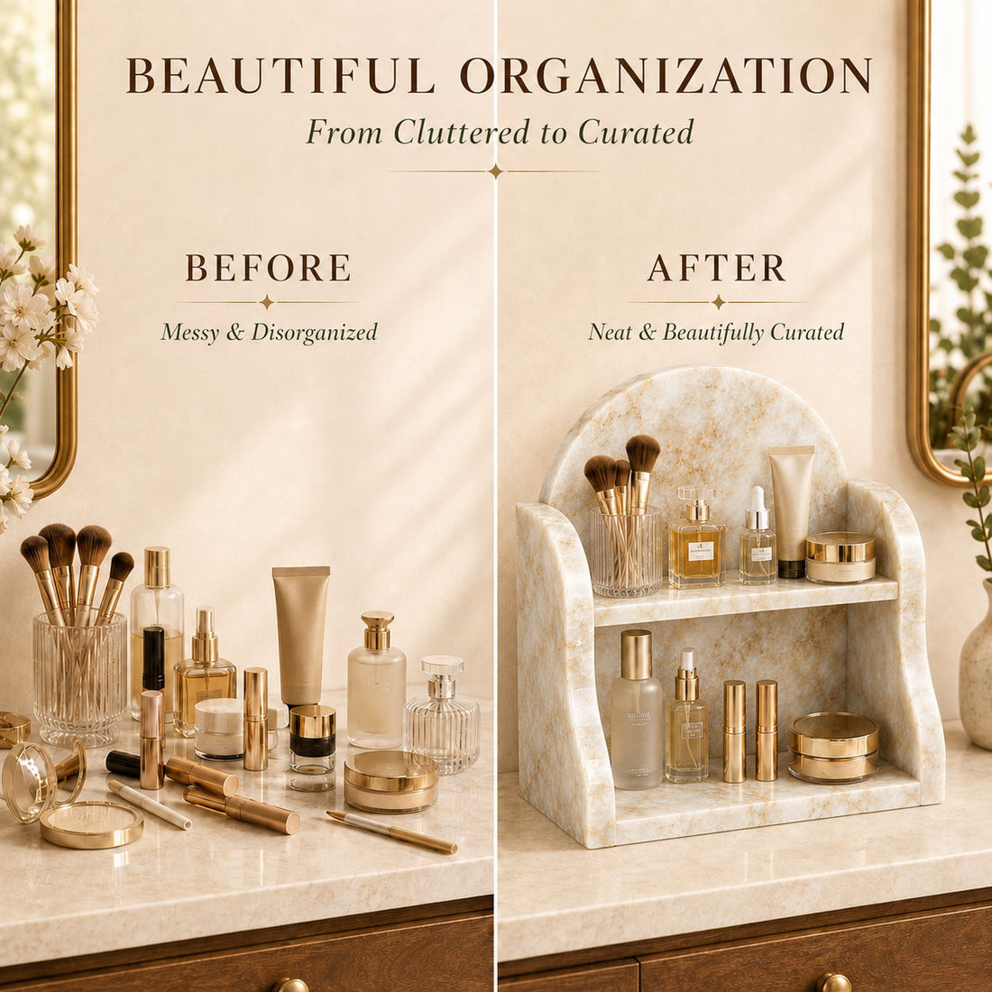 Counter before and after the Calacatta Gold organizer