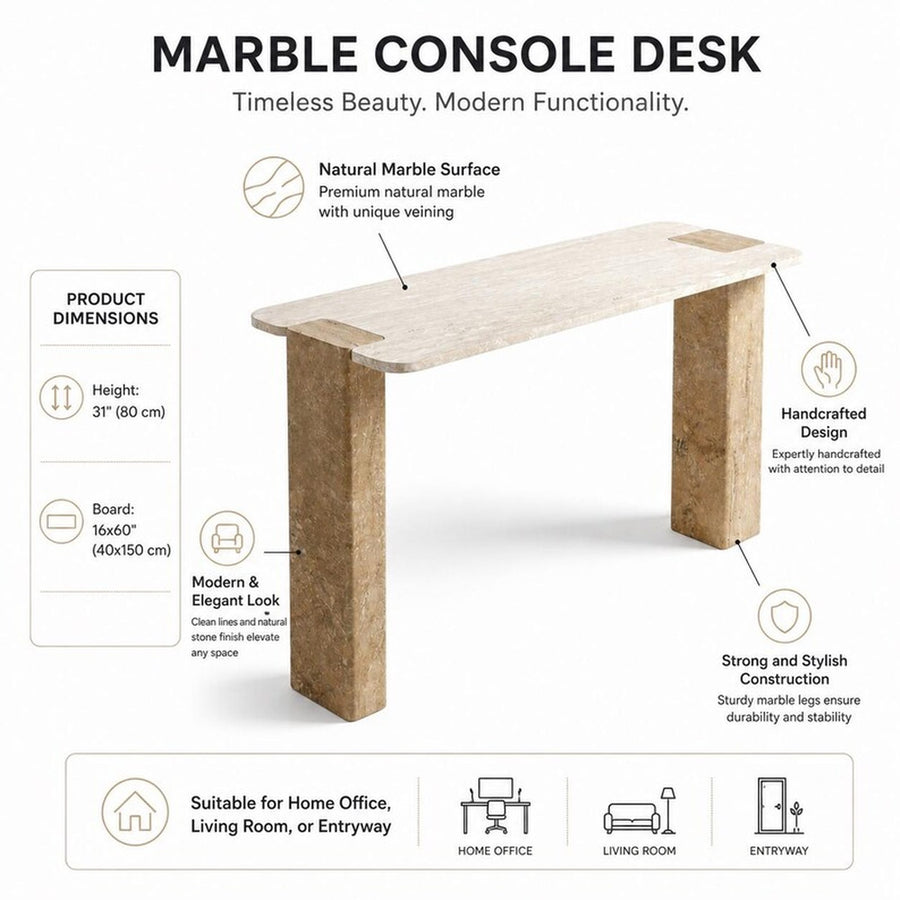 A marble console desk with natural stone legs, shown on a white background with informational callouts about dimensions, material, and features. Text reads 'MARBLE CONSOLE DESK' and includes product dimensions and usage场景 icons.