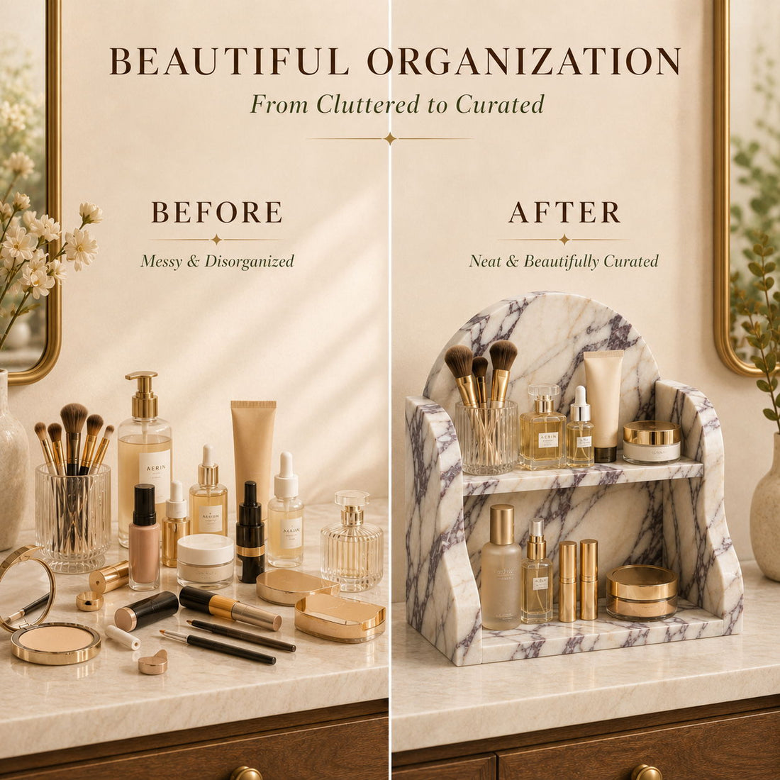 Counter before and after the Calacatta Viola organizer