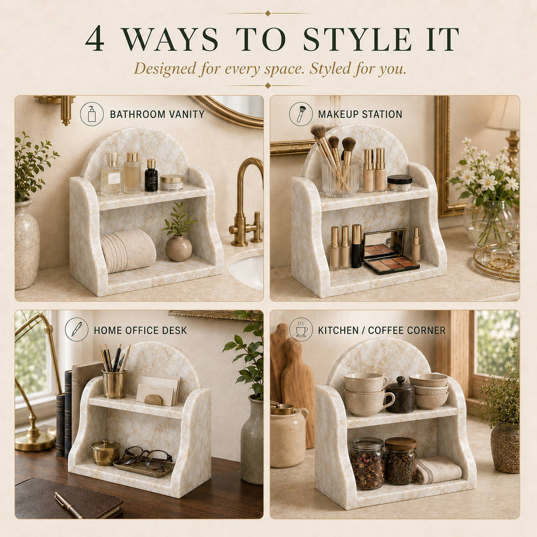 Calacatta Gold organizer styled in a room