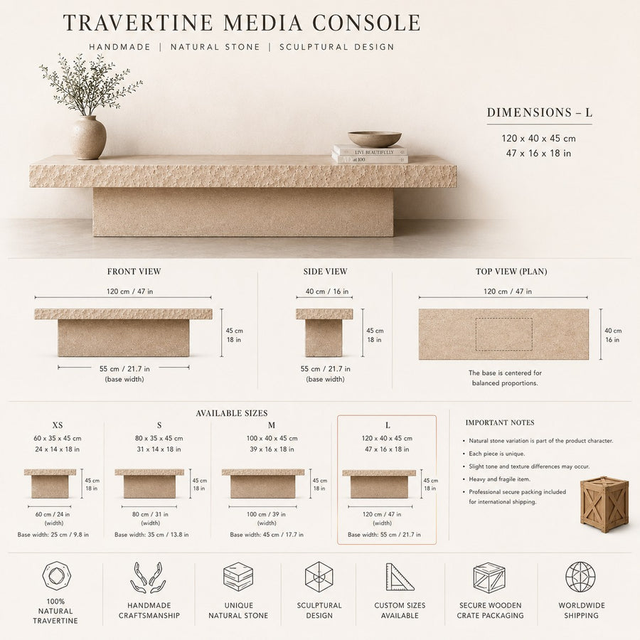 A product infographic for a travertine media console, showing a styled top view of the console with books and a vase, plus front, side, and top views with dimensions, available sizes, and feature icons.