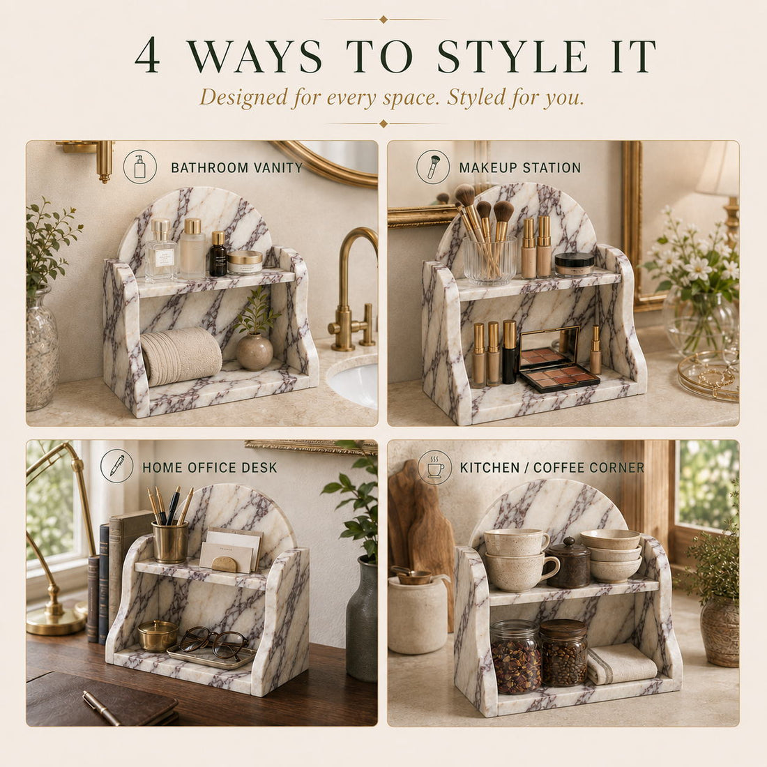 Calacatta Viola organizer styled in a room
