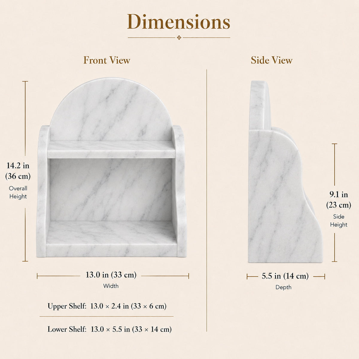 A dimension diagram of a white marble shelf with front and side views, showing measurements for overall height, width, depth, and shelf heights on a light beige background.