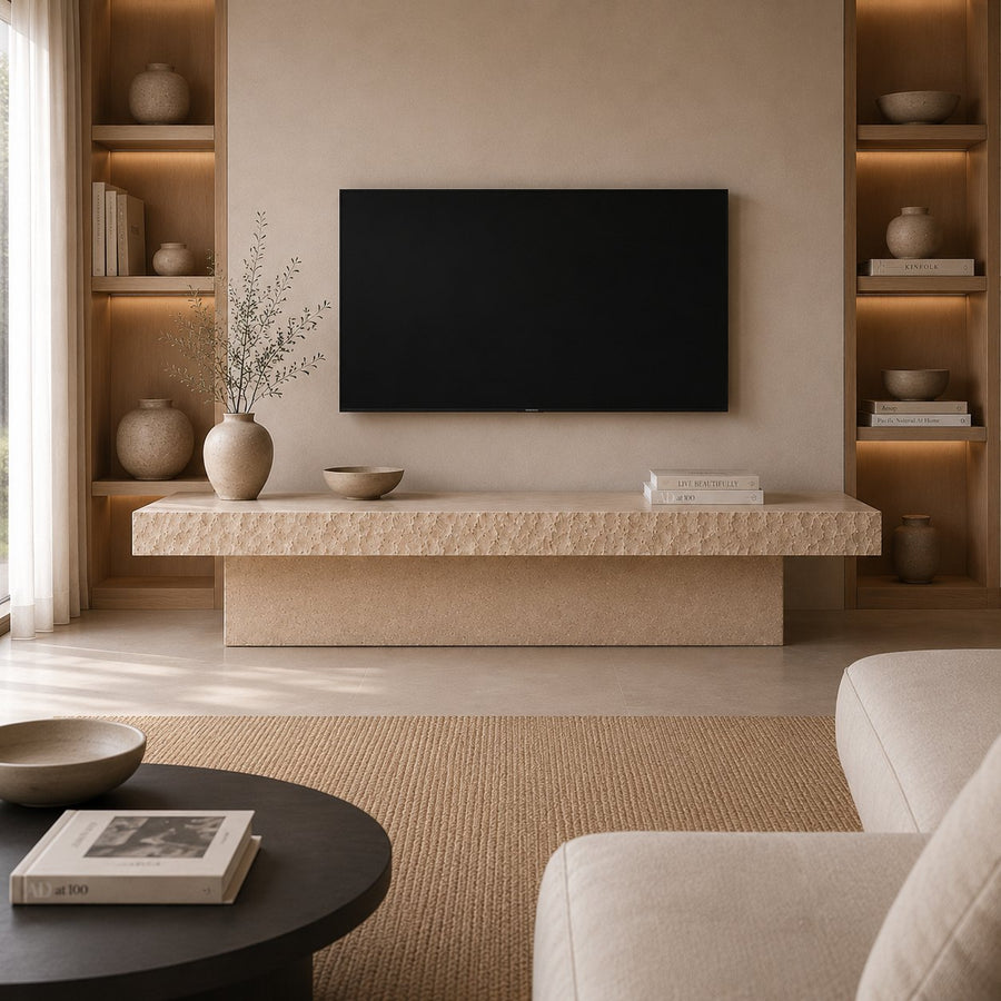 A modern living room interior featuring a black flat-screen TV mounted on a beige wall above a low stone console table, with built-in wooden shelving on both sides and a light upholstered sofa in the foreground.
