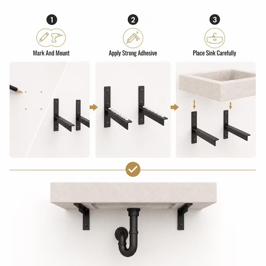 Installation guide showing three steps for mounting a sink: mark and mount, apply strong adhesive, and place the sink carefully. The top row includes numbered icons and labels, and the bottom row shows the sink mounted with black brackets and a black P-trap pipe.