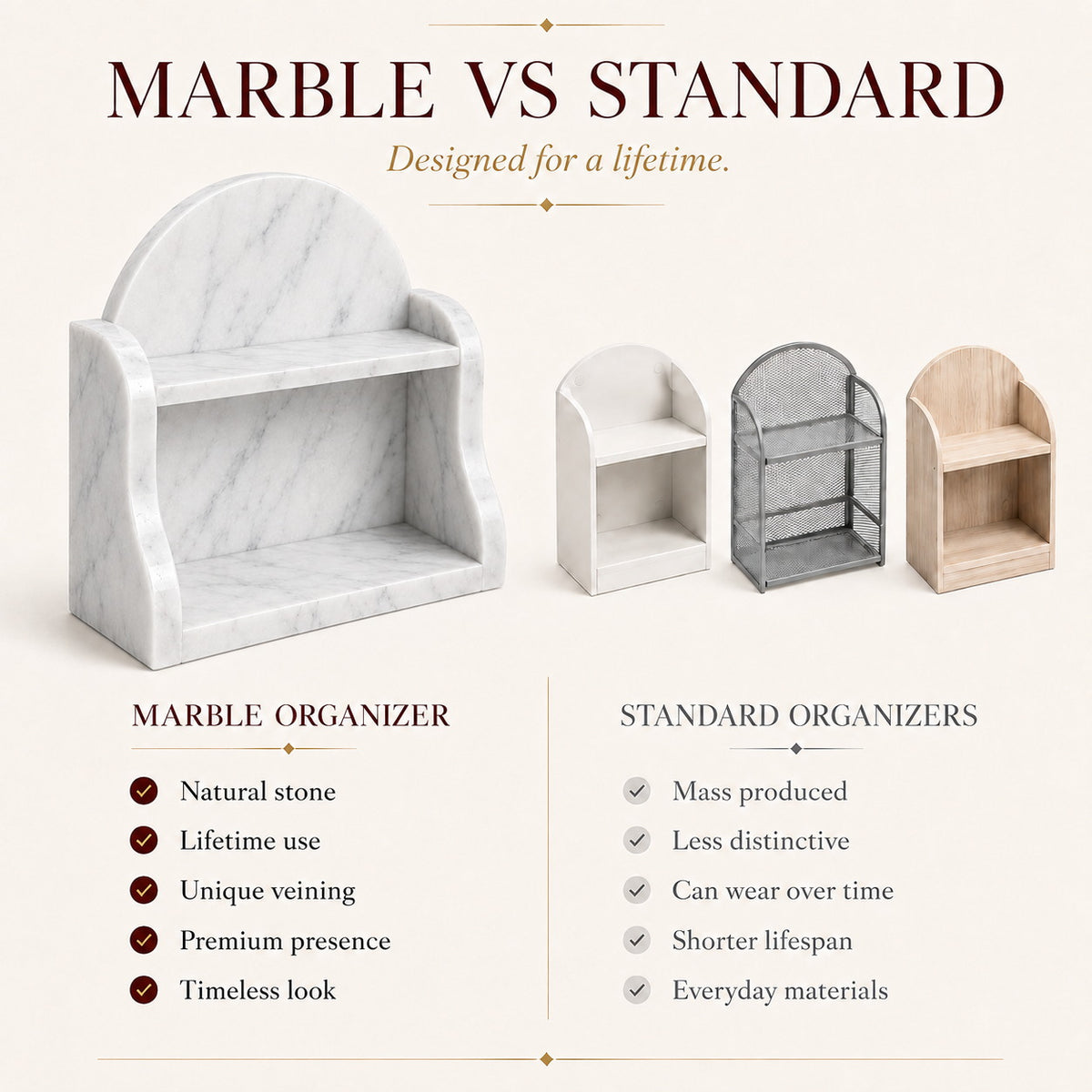 Carrara white marble organizer luxury bathroom vanity storage shelf
