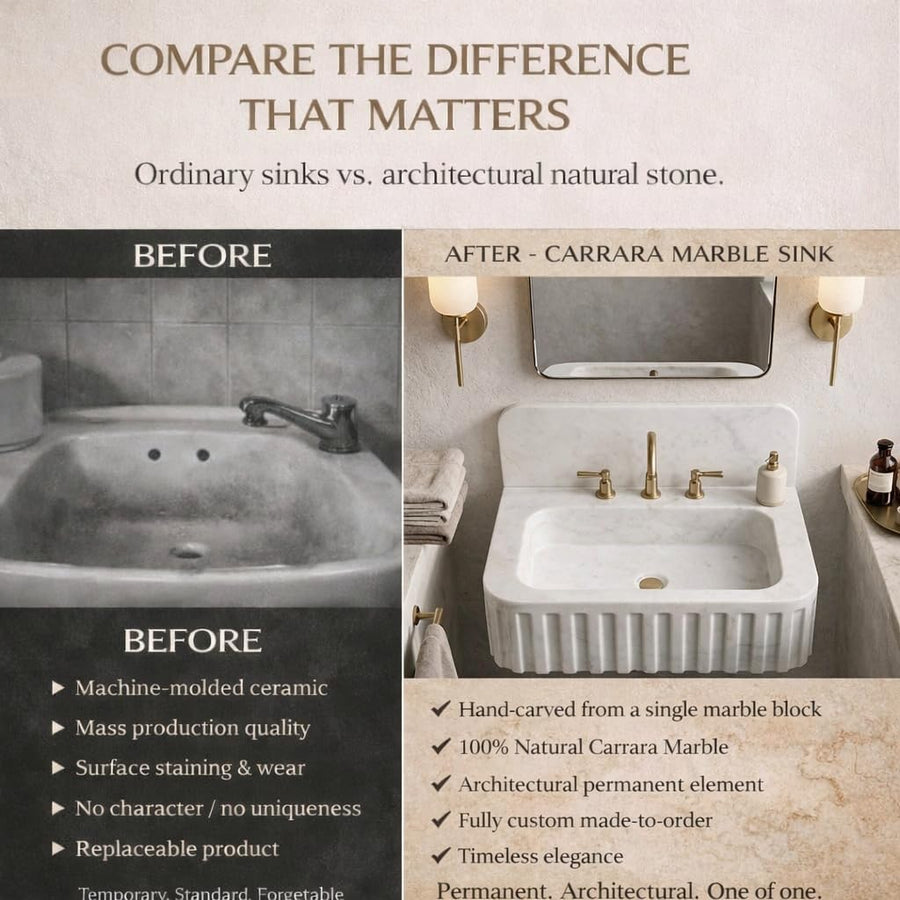 Fluted Carrara marble farmhouse vanity sink carved from a single solid block of natural stone