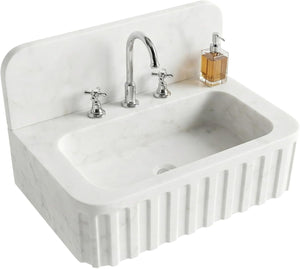 Carrara Marble Fluted Farmhouse Sink, Hand-Carved Vanity Basin with Optional Backsplash