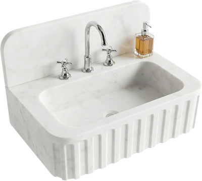 Carrara Marble Fluted Farmhouse Sink, Hand-Carved Vanity Basin with Optional Backsplash