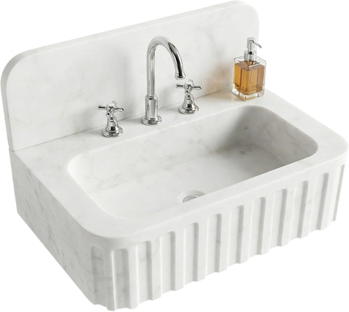 Carrara Marble Fluted Farmhouse Sink, Hand-Carved Vanity Basin with Optional Backsplash