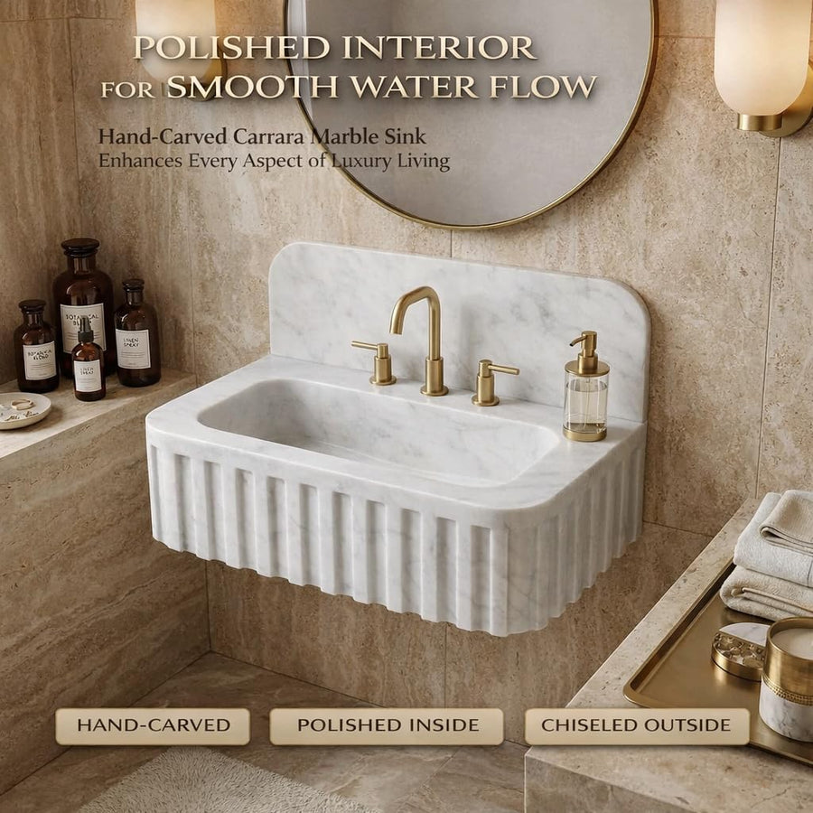 Carrara marble fluted vessel sink for countertop or wall-mounted installation