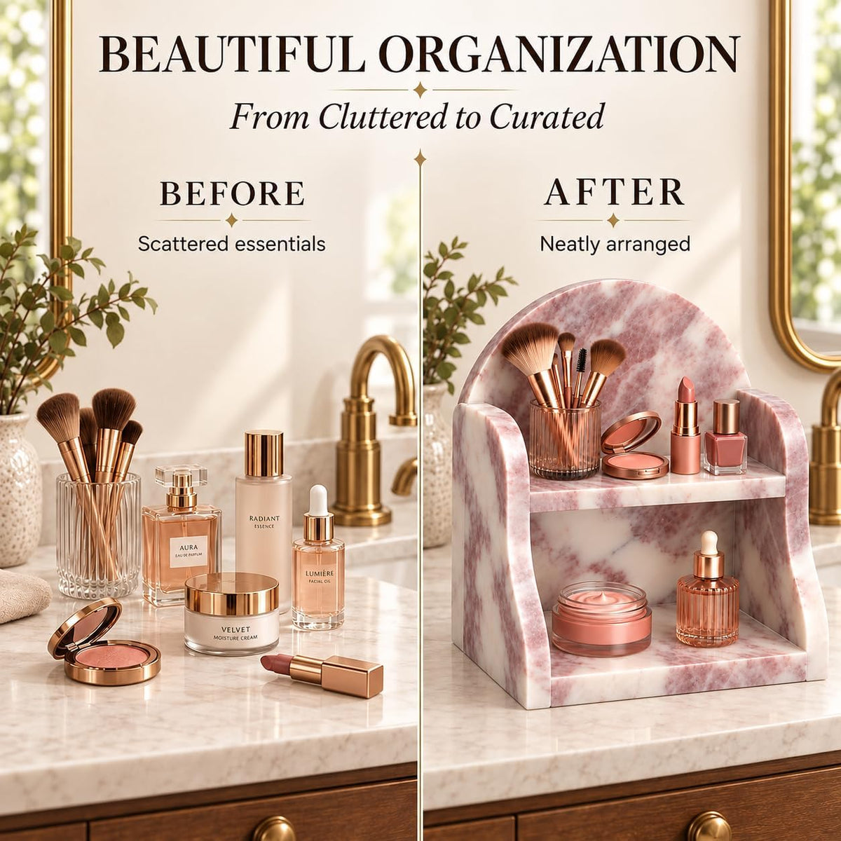 Two-tier pink marble vanity shelf with soft pink tones and natural mineral patterns