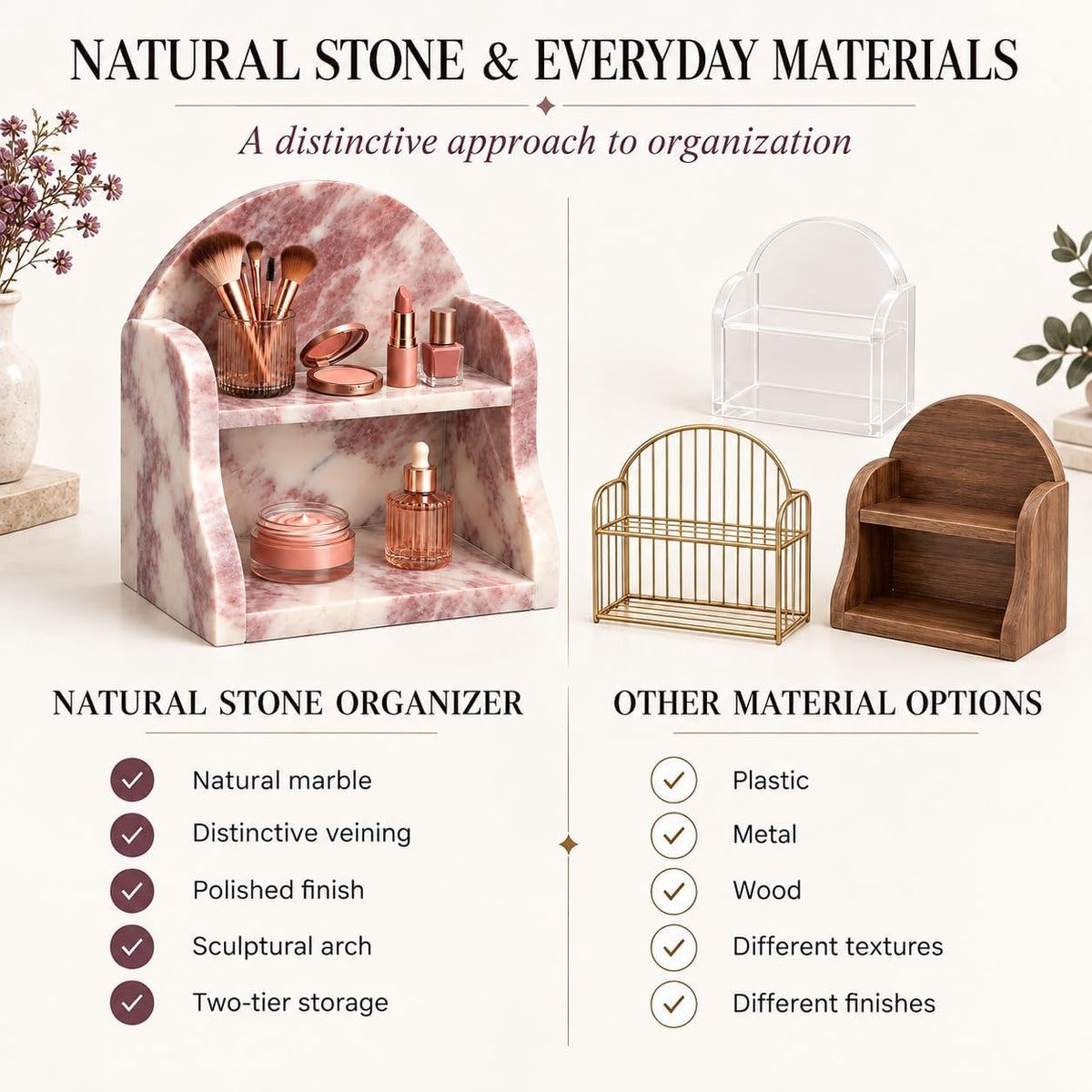 Pink natural stone makeup organizer for a dressing table or bedroom dresser