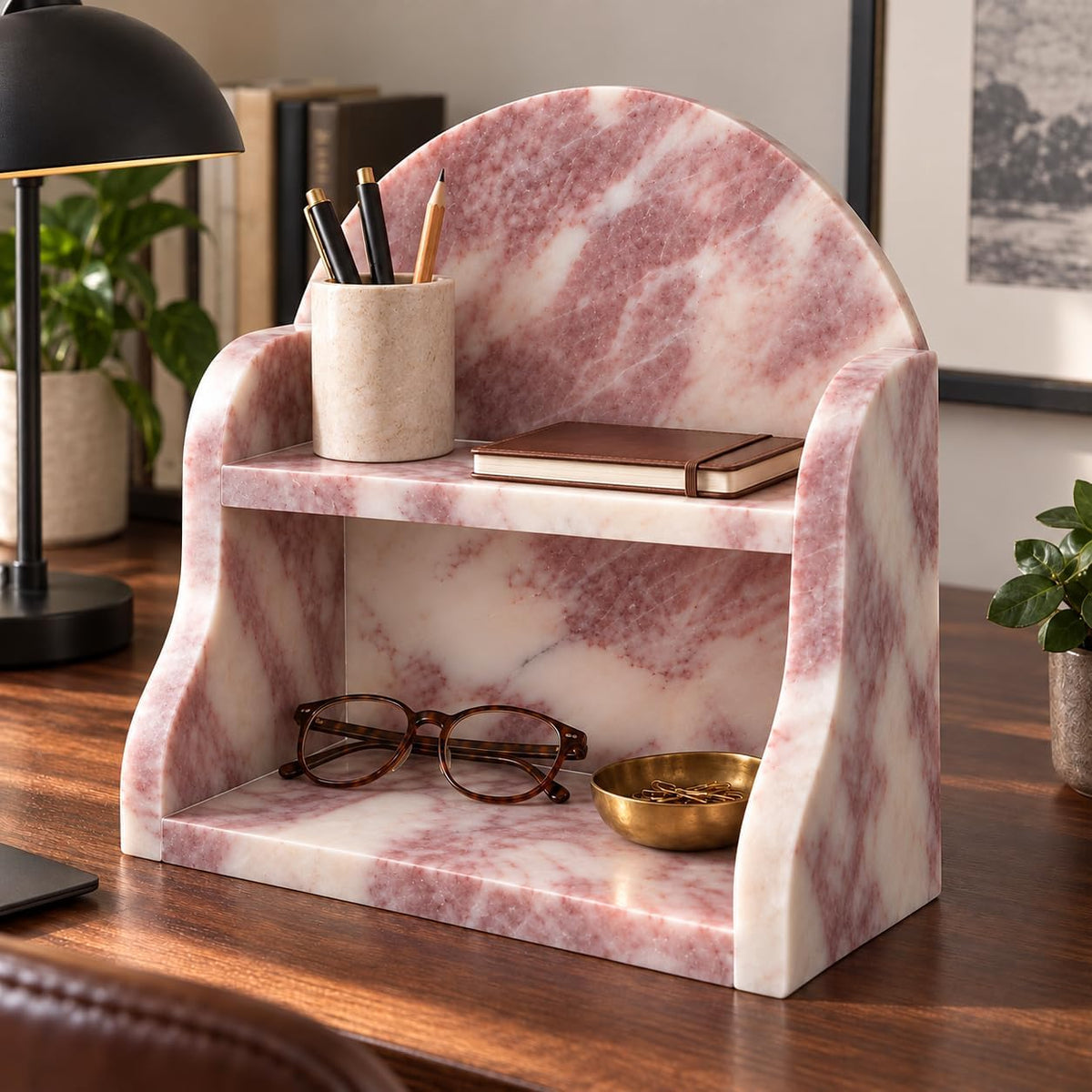 Pink marble countertop organizer for cosmetics, brushes and jewelry