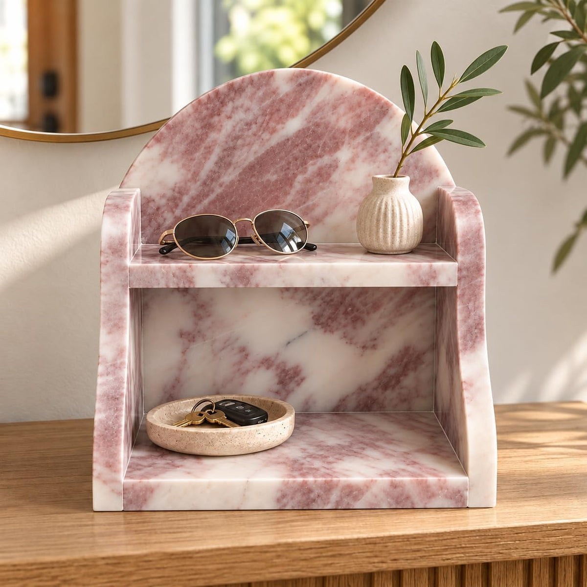 Polished pink marble organizer with unique natural veining