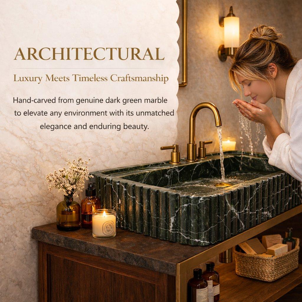 Woman washing hands under a marble sink with gold fixtures in a bathroom setting.