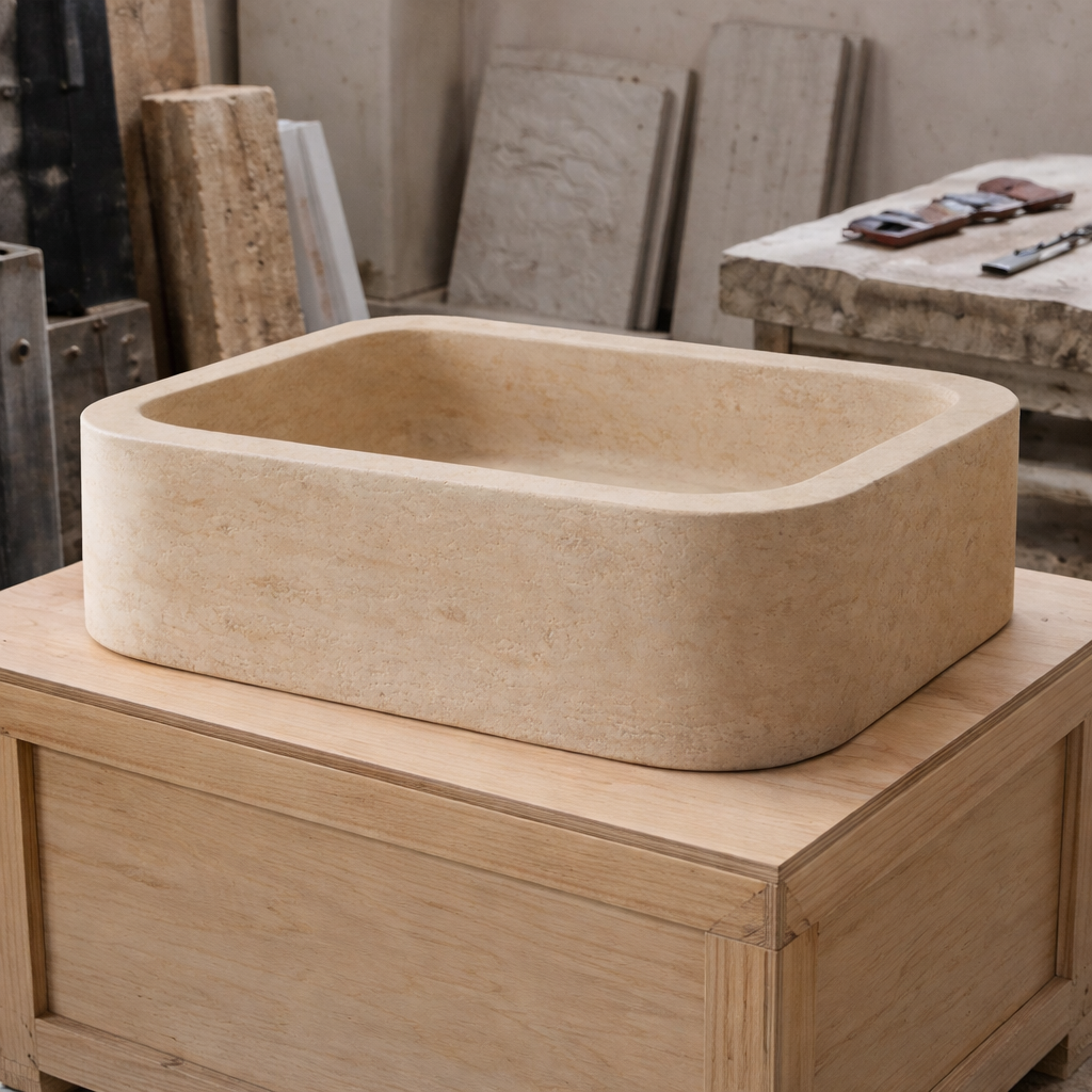 Beige stone sink on a wooden surface with construction materials in the background