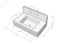 Technical drawing of a rectangular sink with dimensions labeled