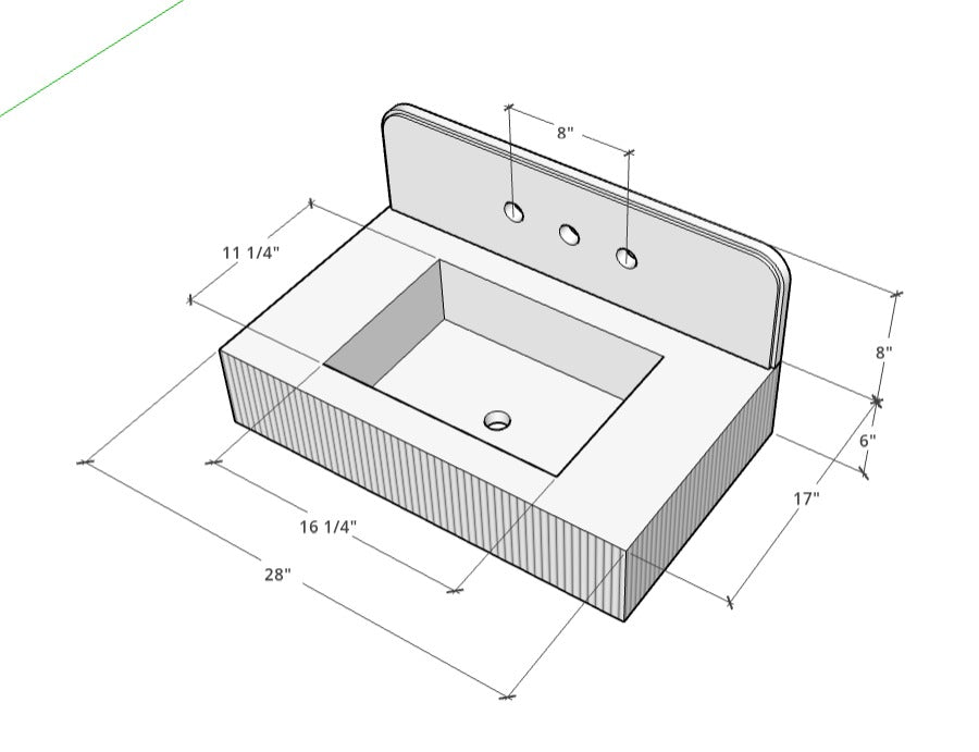 Technical drawing of a rectangular sink with dimensions labeled