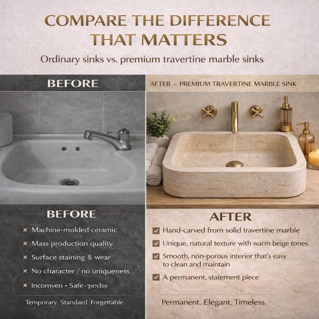 Comparison of ordinary sink vs. premium travertine marble sink with text highlighting differences.