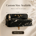 A black marble wall-mounted sink with gold faucet hardware, shown with dimension lines labeled length, width, and depth, plus text reading 'Custom Size Available' and 'Made to order for your space.'.