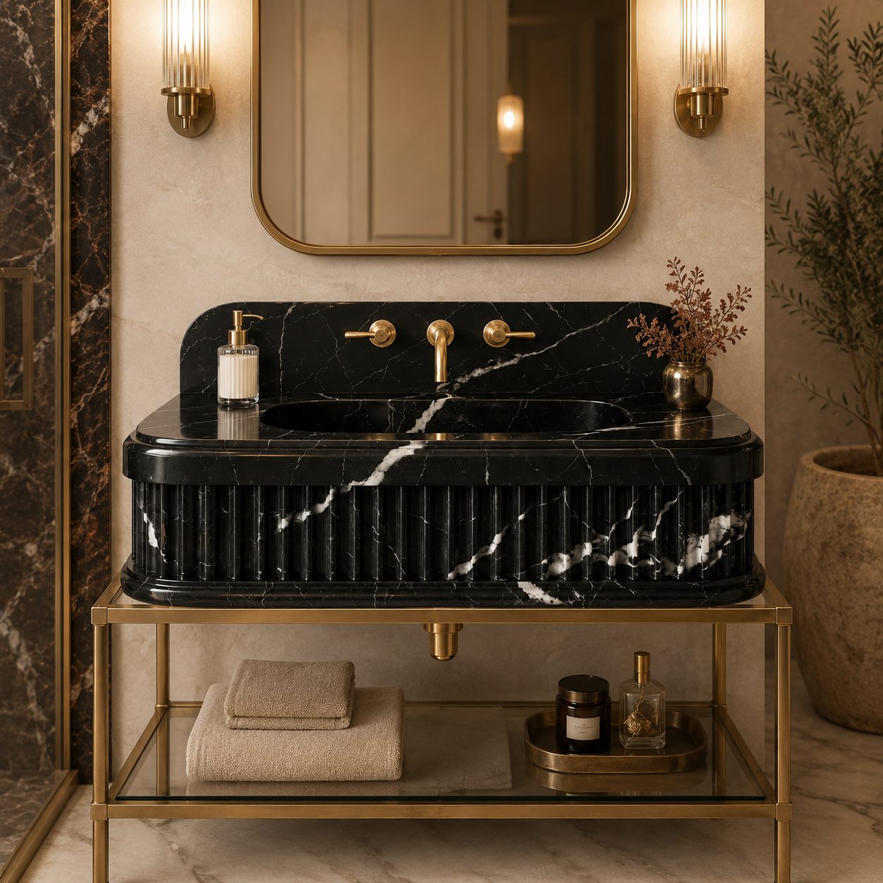 A luxury bathroom vanity featuring a black marble sink with white veining, mounted on a gold metal frame. The setup includes a gold wall mirror, gold sconces, beige towels, and decorative items on a marble floor.