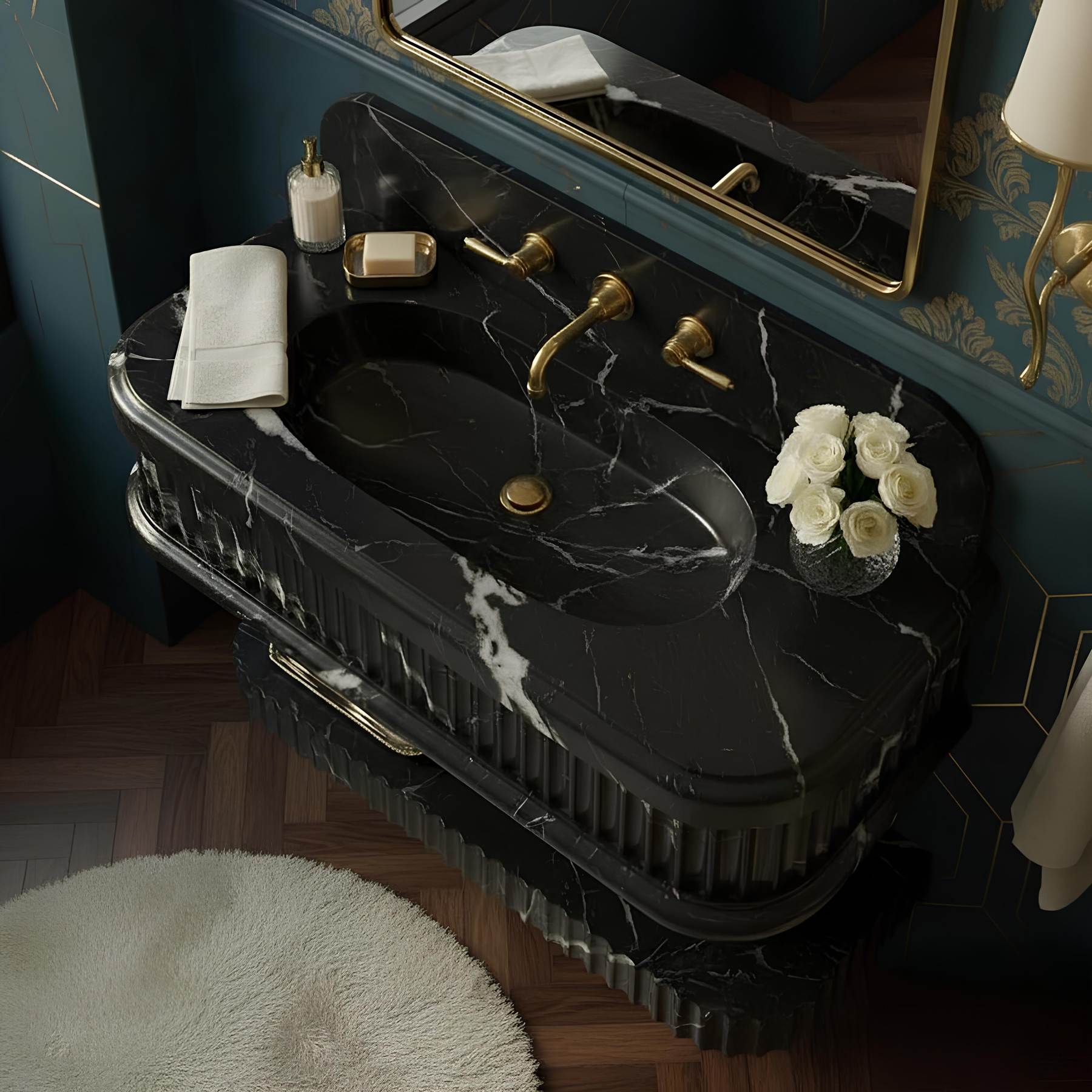 A luxury black marble bathroom vanity with a built-in sink, polished brass faucet and handles, gold hardware, and a matching rectangular mirror. The vanity is styled with white roses, soap, and a folded white towel against a dark teal wall with gold patterned wallpaper.