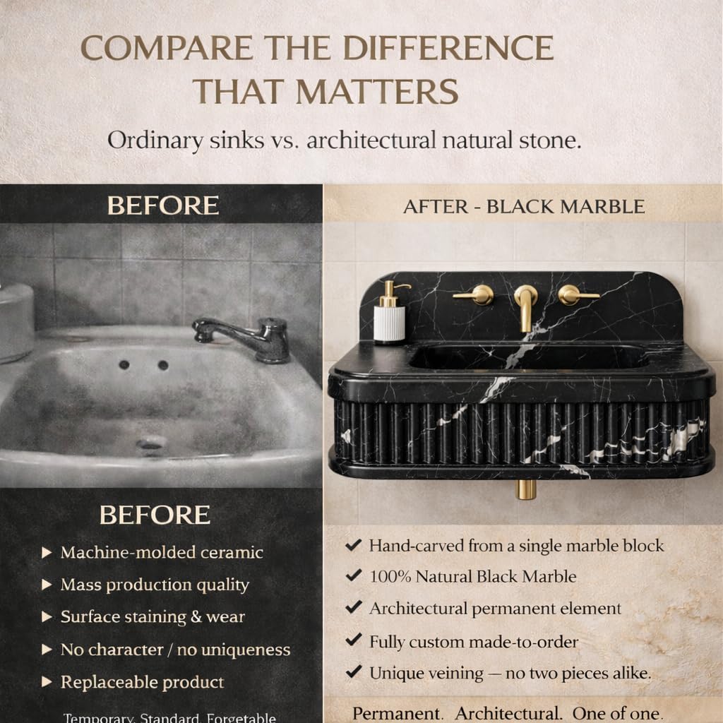 Before and after comparison of a sink with black marble finish, highlighting differences.