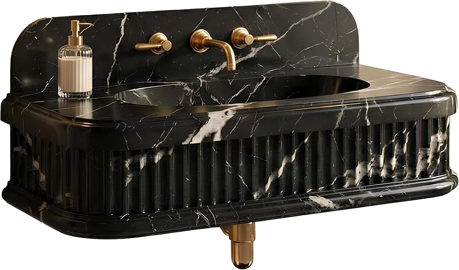 Black marble sink with gold fixtures on a white background