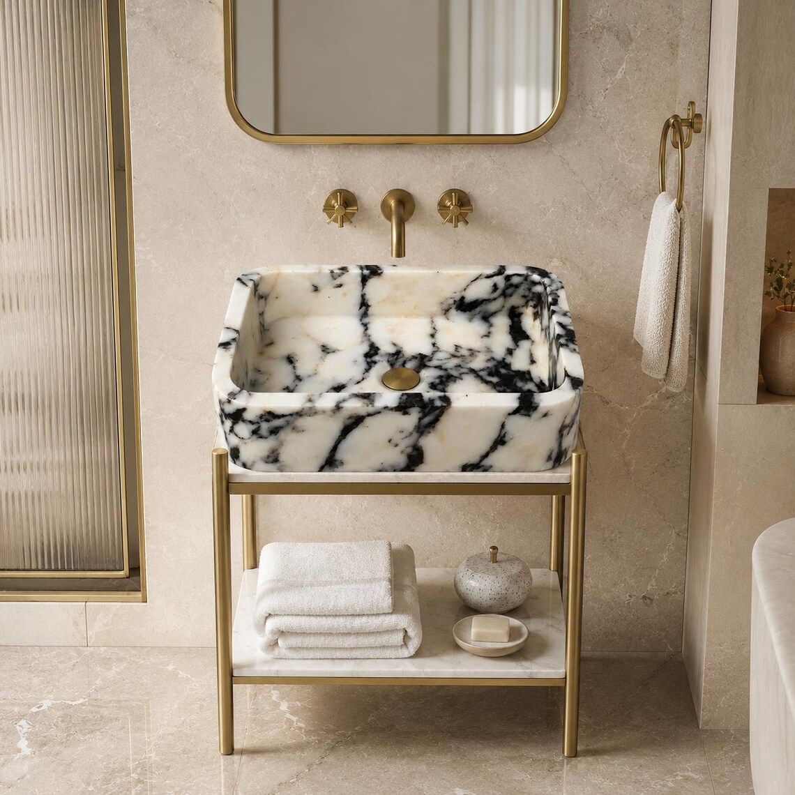 marble sink on brass stand