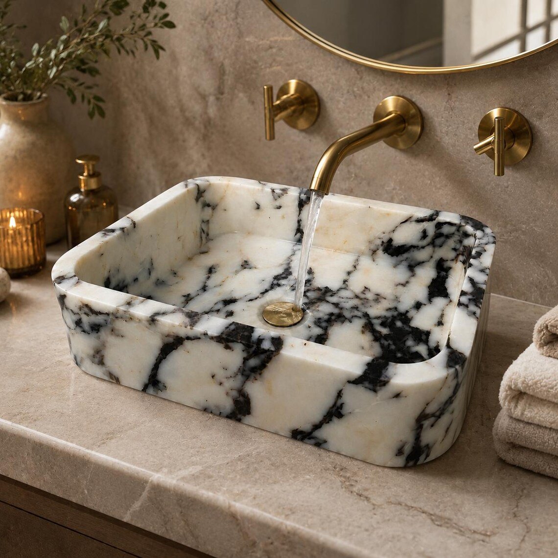 Wall-mounted black and white marble sink under an oval mirror with a woven basket below